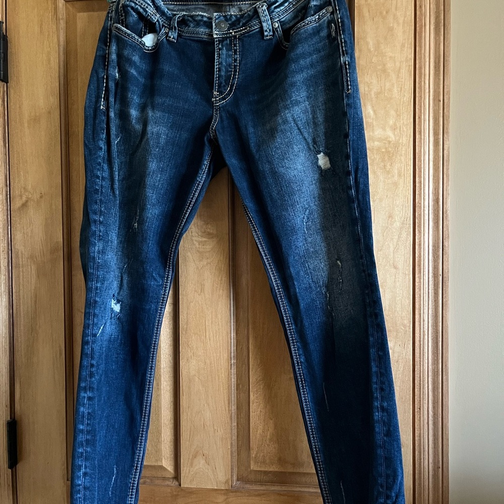 Silver Jeans Dark Blue Distressed Skinny Jeans